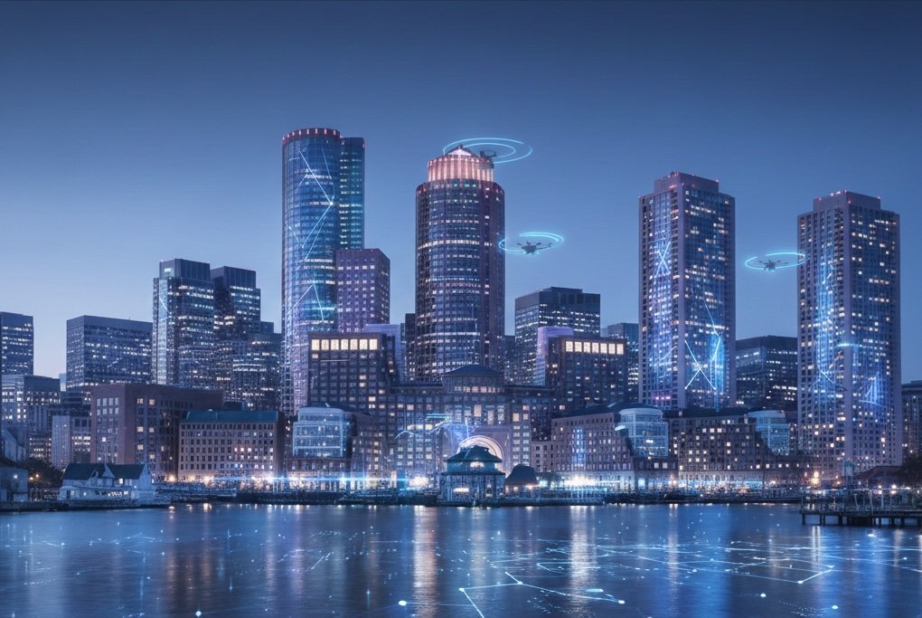 Skyline de Boston com luzes tecnológicas